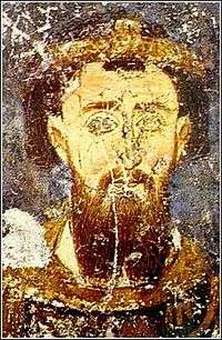 Aged painting of a bearded middle-aged man, wearing a golden diadem