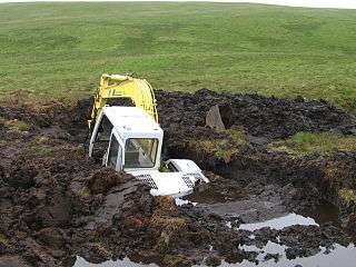 Photo of a backhoe that is over fifty percent submerged in a large hole that it dug in a peat bog before falling in.