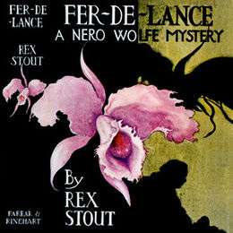 The first-edition dust jacket. A painting of a voluptuous pink orchid casts an ominous black shadow on a gold background. The torso and head of a large seated man is in silhouette. Hand-lettered type identifies the book as "Fer-de-Lance, A Nero Wolfe Mystery by Rex Stout."