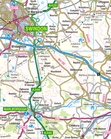 An Ordnance Survey map showing parts of Wiltshire including Swindon and Marlborough