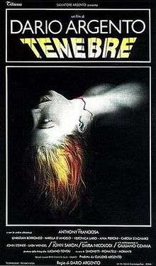 A film poster with the main image a woman's upper shoulders and head on a black background. Facing upwards with her head arched back, she is drained of color, save for her red hair and the red line of blood where her throat has been cut. Above, "DARIO ARGENTO. TENEBRAE". Underneath, the film credits.