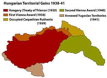 map showing the Yugoslav and other territories gained by Hungary between 1938 and 1941