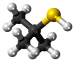 Ball-and-stick model of the tert-butylthiol molecule