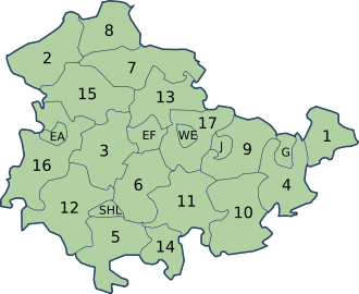 Map of Thuringia showing the boundaries of the districts