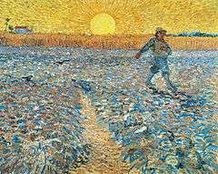 A man is scattering seeds in a ploughed field. The figure is represented as small, and is set in the upper right and walking out of the picture. He carries a bag of seed over one shoulder. The ploughed soil is grey, and behind it rises standing crop, and in the left distance, a farmhouse. In the centre of the horizon is a giant yellow rising sun surrounded by emanating yellow rays. A path leads into the picture, and birds are swooping down.