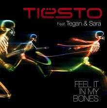 A Black background and the three bones on the rainbow colour and the name of red word is 'TIESTO' and white word is 'Feat. Tegan & Sara FEEL IT IN MY BONES'