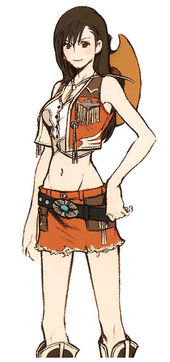 A girl at an angle to the viewer, with an orange cowboy-type miniskirt and midriff-baring shirt. A cowboy hat is strapped to her back.