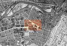 a picture of a map of 1913 Tiflis from above showing the layout of the city with a rectangular block in orange highlighting Yerevan Square and adjacent streets