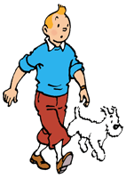 A cartoon drawing of a young man and his white dog walking against clear background.