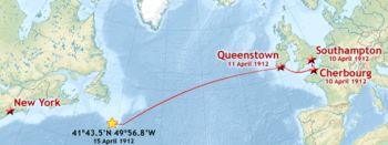 The route of Titanic's maiden voyage, with the coordinates of her sinking