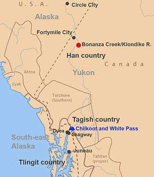 Map of people and places at the time of discovery of gold at the Klondike Yukon at the time of discovery.