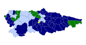 Color-coded map of Asturias, with most Asturian place-names official