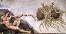 Oil painting in the style of "The Creation of Adam" by Michelangelo (which shows Adam reclining and reaching out to touch God), but instead of God there is the Flying Spaghetti Monster; two large meatballs wrapped in noodles, with eyes on stalks which are also noodles, all floating in mid-air.