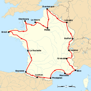 Map of France with the route of the 1914 Tour de France on it, showing that the race started in Paris, went clockwise through France and ended in Paris after fifteen stages.