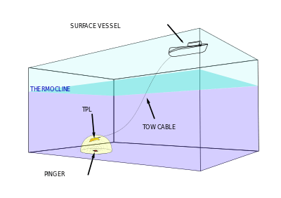 Diagram of location of ship, thermocline, towed pinger locater at end of tow cable, and blackbox pinger.