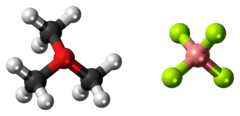 Ball-and-stick models of the component ions of trimethyloxonium tetrafluoroborate