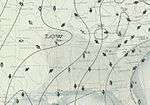 Weather map, focused on the southeastern United States, depicting the remnant low of Tropical Storm One