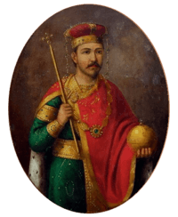 Modern painting of a standing man dressed in a green tunic, red cape, holding a sceptre and globus cruciger and wearing a gold-and-red crown