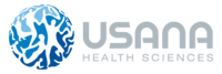 A blue globe with "USANA Health Sciences" in a gray font, USANA's current corporate logo.