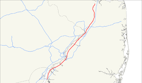 A map showing major highways in the greater Philadelphia area. US 130 runs southwest to northeast along the New Jersey side of the New Jersey-Pennsylvania border before heading into the interior of New Jersey.