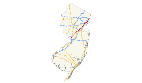 A map of New Jersey showing major roads. US 1 runs southwest to northeast from the west central part of the state to the northeastern part.