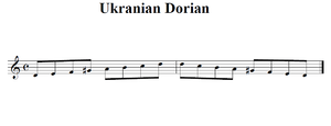 a visual representation of the Ukrainian Dorial scale D, E, F, G♯, A, B,C, D