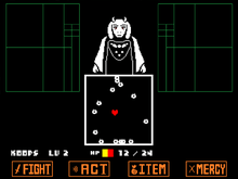 Fighting Toriel in Undertale. Toriel attacks a red heart, representing the player, with fire magic.