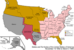 Historical U.S. map, 1843. Most of the eastern states have been established, while the western half remains loosely divided into territories. Mexico and the Republic of Texas share a disputed border.