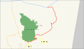 Map with Arches National Park in green, and various highways surrounding the park in blue and yellow.