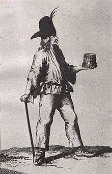 Late 18th-century drawing of a man wearing a black hat and holding an axe in one hand and a basket in the other