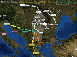 Map of southeastern Europe, with coloured arrows indicating the Vlach dispersion