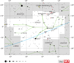 Diagram showing star positions and boundaries of the Virgo constellation and its surroundings