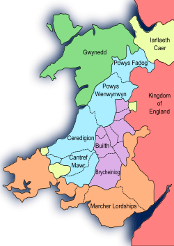 Map of Wales in 1267 showing territory controlled by Edward and various Welsh princes