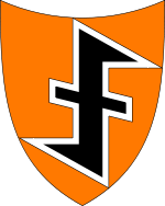 An orange shield with a black wolfsangel