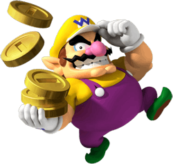 A VERY overweight character, wearing a yellow hat with a blue W, purple overalls with a yellow shirt underneath, green shoes and white gloves. He has pointy ears, a pink nose, thick eyebrows, and a wavy moustache, and has an evil grin. Three large golden coins are seen on his hand, with two others in the air above.