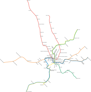 An actual map with correct distances and geographic placement illustrates how all lines intersect and have many stations in the downtown area, and extend with more widely spaced stations far out into the neighboring areas.