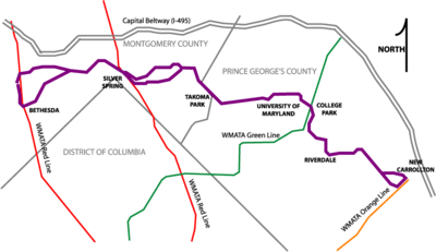 A scaled map illustrating the Purple Line route and its intersections with existing subway lines.