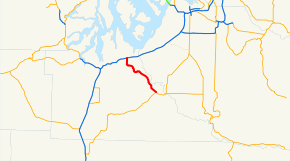 A map of the Olympia area featuring SR 510 highlighted in red following the Pierce–Thurston county line (the Nisqually River) from Lacey (I-5) to Yelm (SR 507).