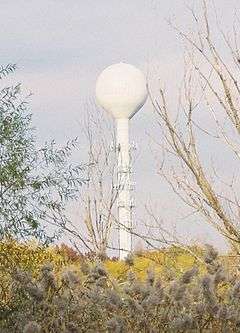 A tall metal pole with metallic rings around it and a ball-like structure at the top, seen from a nearby wooded area