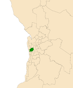 Map of Adelaide, South Australia with electoral district of West Torrens highlighted