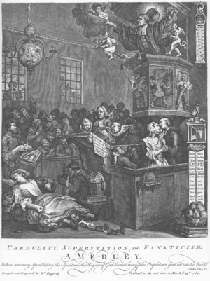 A chapel full of people, many of whom hold small ghostly idols.  A woman lies on the floor, rabbits leaping from under her skirts. A preacher stands in the pulpit, preaching to his congregation.  On the right of the image, a large thermometer is capped by an idol of a ghost.