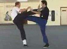 A wing chun front kick (right) against a turning kick. This illustrates the principles of centerline and simultaneous attack and defence.