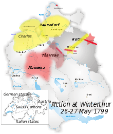 Outline map of northern Switzerland, showing location of armies in relation to one another; the French army is more than half encircled by the Austrians.