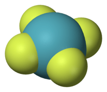 A model of planar chemical molecule with a blue center atom (Xe) symmetrically bonded to four peripheral atoms (fluorine).