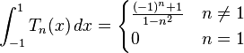 \int_{-1}^1 T_n(x)\, dx =
\begin{cases}
\frac{(-1)^n+1}{1-n^2} & n\ne 1 \\
0 & n=1
\end{cases}
