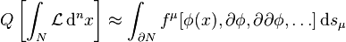 Q \left[ \int_N \mathcal{L} \, \mathrm{d}^n x \right] \approx \int_{\partial N} f^\mu [\phi(x),\partial\phi,\partial\partial\phi,\ldots] \, \mathrm{d}s_\mu 