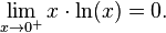 \lim_{x\to 0^+}x\cdot\ln(x) = 0.