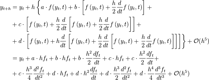 \begin{align}
y_{t+h} &= y_t + h  \left\lbrace a \cdot f(y_t, t) + b \cdot \left[ f\left(y_t, t\right) + \frac{h}{2} \frac{d}{dt}f\left(y_t,t\right) \right] \right.+ \\
& {}+ c \cdot \left[ f\left(y_t, t\right) + \frac{h}{2} \frac{d}{dt} \left[ f\left(y_t,t\right) + \frac{h}{2} \frac{d}{dt}f\left(y_t,t\right) \right] \right] + \\
&{}+ d \cdot \left[f\left(y_t, t\right) + h \frac{d}{dt} \left[ f\left(y_t,t\right) + \frac{h}{2} \frac{d}{dt}\left[ f\left(y_t,t\right)
+ \left. \frac{h}{2} \frac{d}{dt}f\left(y_t,t\right) \right]\right]\right]\right\rbrace + \mathcal{O}(h^5) \\
&= y_t + a \cdot h f_t + b \cdot h f_t + b \cdot \frac{h^2}{2} \frac{df_t}{dt}   + c \cdot h f_t+ c \cdot \frac{h^2}{2} \frac{df_t}{dt} + \\
&{}+ c \cdot \frac{h^3}{4} \frac{d^2f_t}{dt^2} + d \cdot h f_t + d \cdot h^2 \frac{df_t}{dt} + d \cdot \frac{h^3}{2} \frac{d^2f_t}{dt^2} + d \cdot \frac{h^4}{4} \frac{d^3f_t}{dt^3} + \mathcal{O}(h^5)
\end{align}