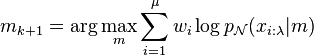  m_{k+1} = \arg\max_{m} \sum_{i=1}^\mu w_i \log p_\mathcal{N}(x_{i:\lambda} | m) 