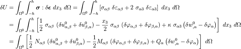 
  \begin{align}
  \delta U & = \int_{\Omega^0} \int_{-h}^h \boldsymbol{\sigma}:\delta\boldsymbol{\epsilon}~dx_3~d\Omega
          = \int_{\Omega^0} \int_{-h}^h \left[\sigma_{\alpha\beta}~\delta\varepsilon_{\alpha\beta} + 2~\sigma_{\alpha 3}~\delta\varepsilon_{\alpha 3}\right]~dx_3~d\Omega \\
    & = \int_{\Omega^0} \int_{-h}^h \left[\frac{1}{2}~\sigma_{\alpha\beta}~(\delta u^0_{\alpha,\beta}+\delta u^0_{\beta,\alpha}) - \frac{x_3}{2}~\sigma_{\alpha\beta}~(\delta \varphi_{\alpha,\beta}+\delta\varphi_{\beta,\alpha}) + \kappa~\sigma_{\alpha 3}\left(\delta w^0_{,\alpha} - \delta \varphi_\alpha\right)\right]~dx_3~d\Omega \\
    & = \int_{\Omega^0} \left[\frac{1}{2}~N_{\alpha\beta}~(\delta u^0_{\alpha,\beta}+\delta u^0_{\beta,\alpha}) - \frac{1}{2}M_{\alpha\beta}~(\delta \varphi_{\alpha,\beta}+\delta\varphi_{\beta,\alpha}) + Q_\alpha\left(\delta w^0_{,\alpha} - \delta \varphi_\alpha\right)\right]~d\Omega
  \end{align}
